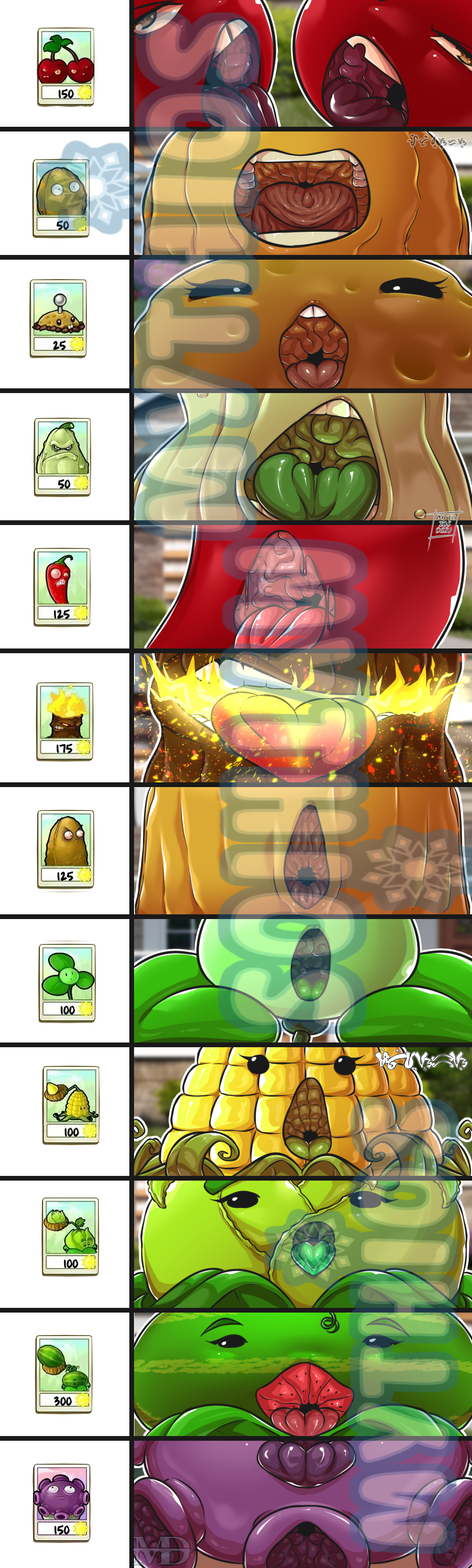 absurdres artist_name black_eyes blover_(plants_vs_zombies) cabbage-pult_(plants_vs_zombies) cherry_bomb_(plants_vs_zombies) drooling eyelashes gloom-shroom_(plants_vs_zombies) glowing_tongue highres jalapeno_(plants_vs_zombies) kernel-pult_(plants_vs_zombies) melon-pult_(plants_vs_zombies) mouth_drool mouth_focus multiple_heads mythios no_humans open_mouth oral_invitation plants_vs_zombies potato_mine_(plants_vs_zombies) sexually_suggestive sharp_teeth squash_(plants_vs_zombies) sun_symbol tall-nut_(plants_vs_zombies) teeth tongue tongue_out too_many_watermarks torchwood_(plants_vs_zombies) uncensored upper_teeth_only wall-nut_(plants_vs_zombies) watermark