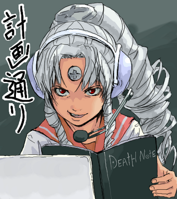 1girl crossover death_note death_note_(object) drill_hair female_focus grey_hair headset high_ponytail just_as_planned_(meme) long_hair lowres meme notebook os-tan parody ponytail red_eyes school_uniform screw serafuku solo translated vista-tan vistake white_hair