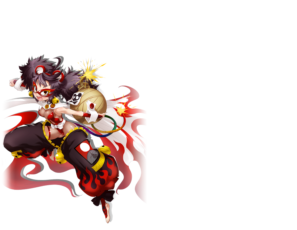 1girl black_hair blush bodystocking bomb bombergirl breasts brown_eyes cleavage explosive full_body large_breasts looking_at_viewer messy_hair official_art open_mouth short_hair short_twintails smile solo transparent_background twintails urushi_(bombergirl)