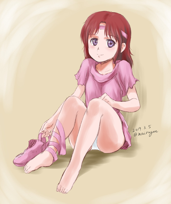1girl barefoot brown_hair closed_mouth dress full_body headband hokuto_no_ken lin_(hokuto_no_ken) looking_at_viewer maira_gen panties pink_dress purple_eyes short_dress short_hair simple_background smile solo underwear white_panties