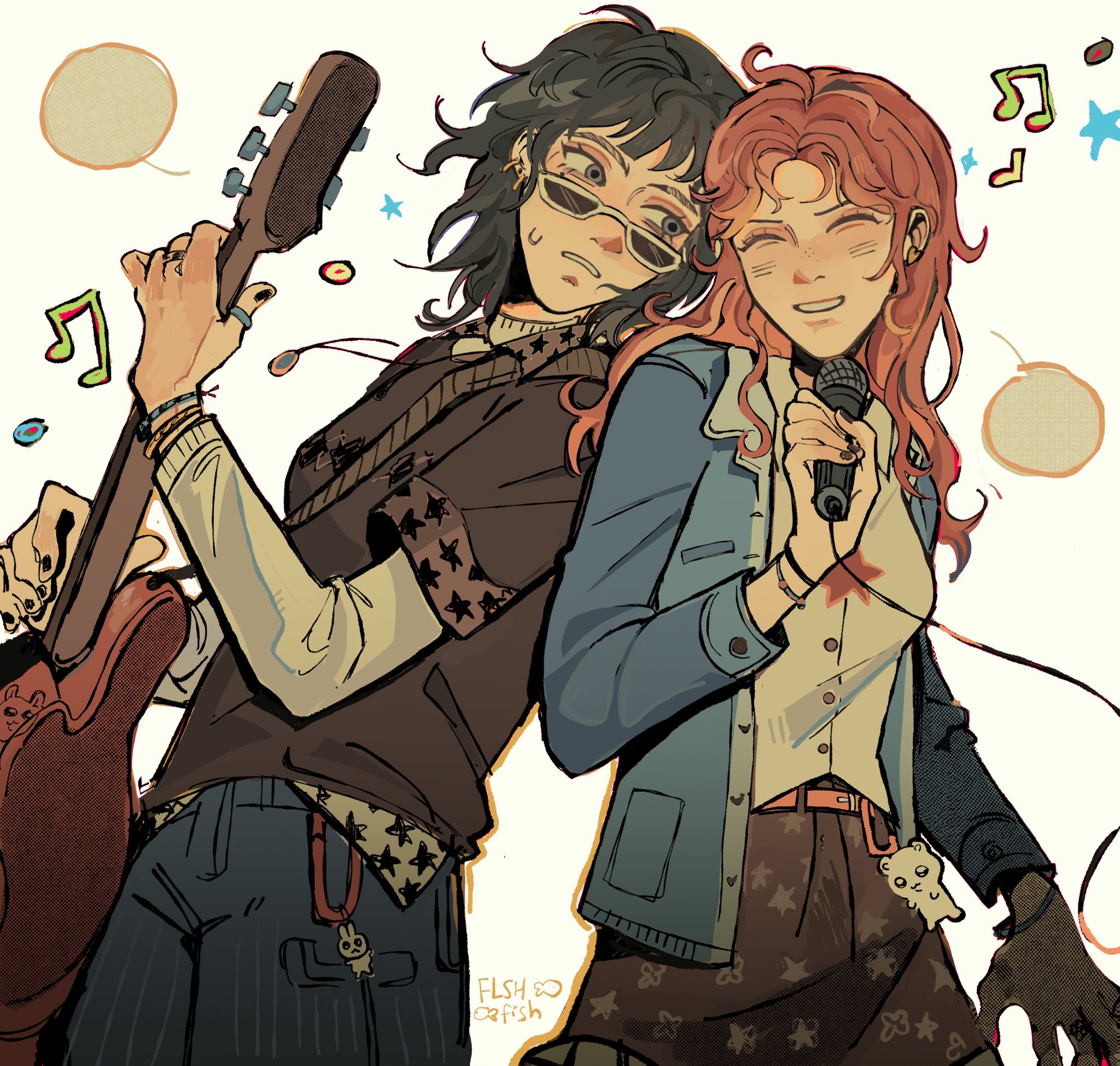 2girls ^_^ artist_logo artist_name back-to-back beamed_eighth_notes black_hair black_nails black_shirt blue_jacket blue_pants blush brown_skirt cable carabiner charm_(object) closed_eyes commentary cowboy_shot english_commentary flshfish grey_eyes guitar guitar_strap heads_together highres holding holding_guitar holding_instrument holding_microphone instrument jacket kininatteru_hito_ga_otoko_ja_nakatta koga_mitsuki layered_sleeves leaning_back logo long_hair long_sleeves microphone multiple_girls musical_note oosawa_aya orange_hair pants quarter_note shirt short_hair short_over_long_sleeves short_sleeves skirt smile star_(symbol) star_print sunglasses v-shaped_eyebrows wavy_hair white_shirt