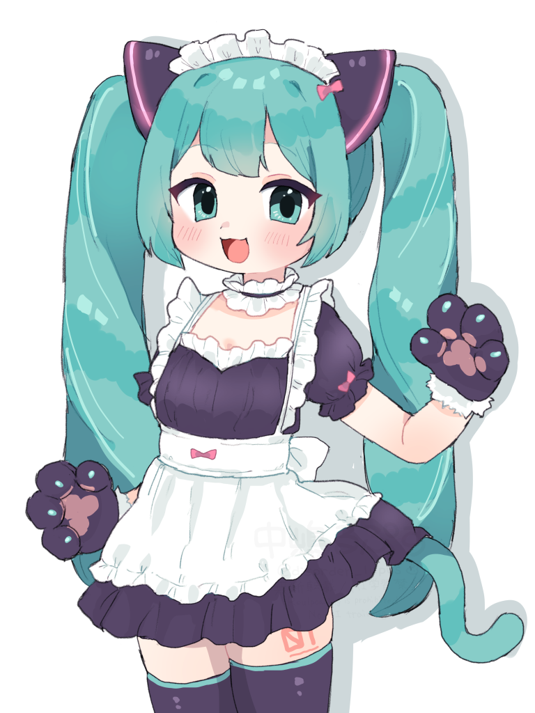 1girl :3 :d animal_ears apron aqua_eyes aqua_hair aqua_tail black_dress black_gloves black_thighhighs blush breasts cat_tail choker cowboy_shot dress fake_animal_ears frilled_apron frilled_choker frilled_dress frilled_sleeves frills fur-trimmed_gloves fur_trim gloves hand_up hatsune_miku leg_tattoo lifted_by_tail long_hair looking_at_viewer maid maid_headdress nakajima_lupus number_tattoo open_mouth paw_gloves paw_pose short_dress short_sleeves simple_background small_breasts smile solo standing tail tattoo thighhighs twintails very_long_hair vocaloid white_apron white_background zettai_ryouiki