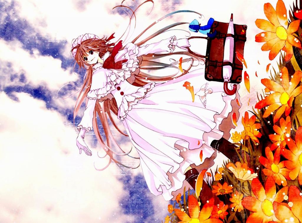00s 1girl bird brown_hair clamp closed_umbrella cloud dress female_focus field flower flower_field hanato_kobato ioryogi kobato. long_hair original ribbon sky solo stuffed_animal stuffed_toy suitcase umbrella