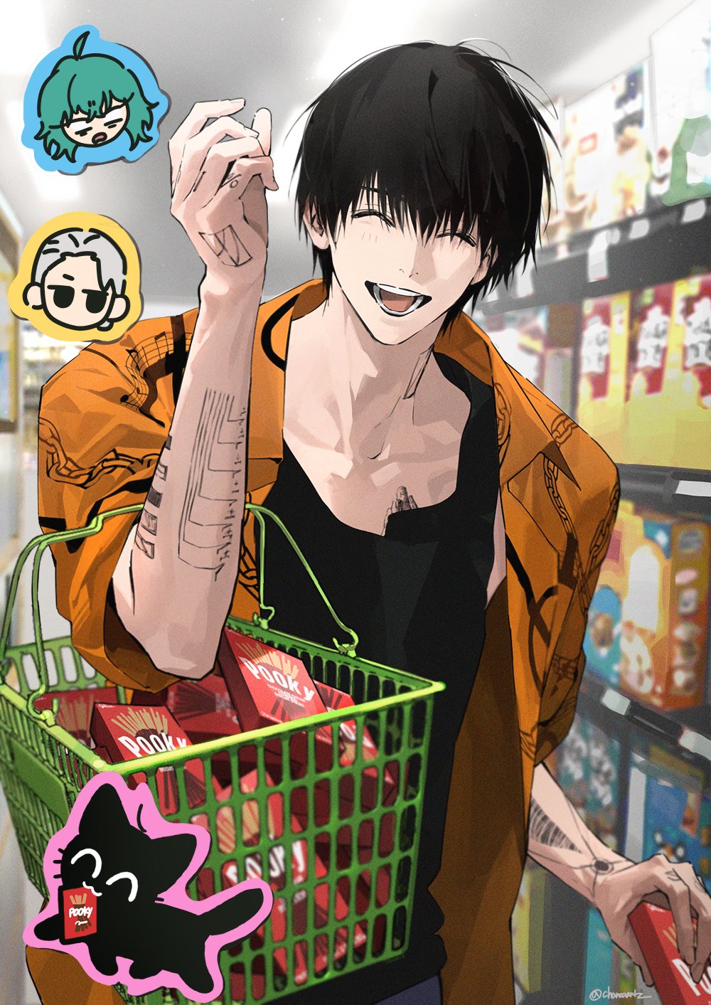1girl 2boys ahoge akao_rion animal_print arm_tattoo basket black_eyes black_hair black_shirt blurry blurry_background blush cat_print chain_print chanoo_artz chest_tattoo chibi closed_eyes collarbone commentary_request empty_eyes finger_tattoo food green_hair grey_hair hair_between_eyes hand_tattoo highres holding holding_basket holding_food holding_pocky jacket korean_commentary multiple_boys musical_note musical_note_print nagumo_(sakamoto_days) neck_tattoo open_clothes open_jacket open_mouth orange_jacket pocky print_jacket sakamoto_days sakamoto_taro sakamoto_taro_(skinny) shirt shopping shopping_basket short_hair smile solo_focus tattoo teeth