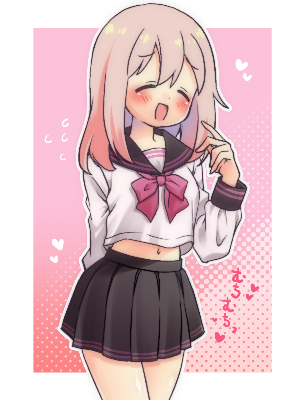 1girl :d ^_^ alternate_costume arm_behind_back bare_legs black_sailor_collar black_skirt blush bow bowtie closed_eyes commentary cowboy_shot dot_nose flying_sweatdrops hair_between_eyes hand_up heart highres long_hair long_sleeves midriff navel nemu0701 onii-chan_wa_oshimai! open_mouth outline oyama_matsuri pink_background pink_hair pleated_skirt red_bow red_bowtie sailor_collar school_uniform serafuku simple_background skirt smile solo white_outline white_serafuku