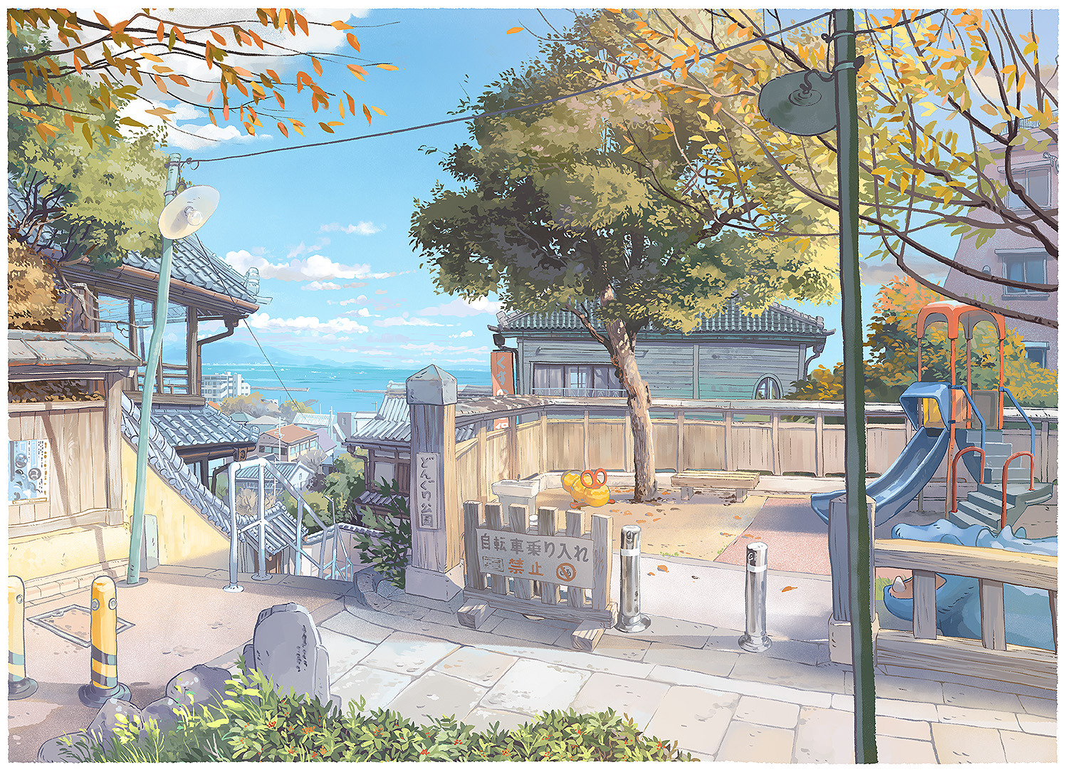 architecture autumn_leaves banister bench blue_sky bollard building city cityscape cloud commentary dappled_sunlight day east_asian_architecture english_commentary fence foliage gom_jabbar gutter hippopotamus lamppost leaf no_humans ocean original outdoors park_bench photoshop_(medium) playground portable_barricade power_lines procreate_(medium) railing rock sett sidewalk sign sky slide spring_rider stairs sunlight tile_roof tree window wooden_fence wooden_railing