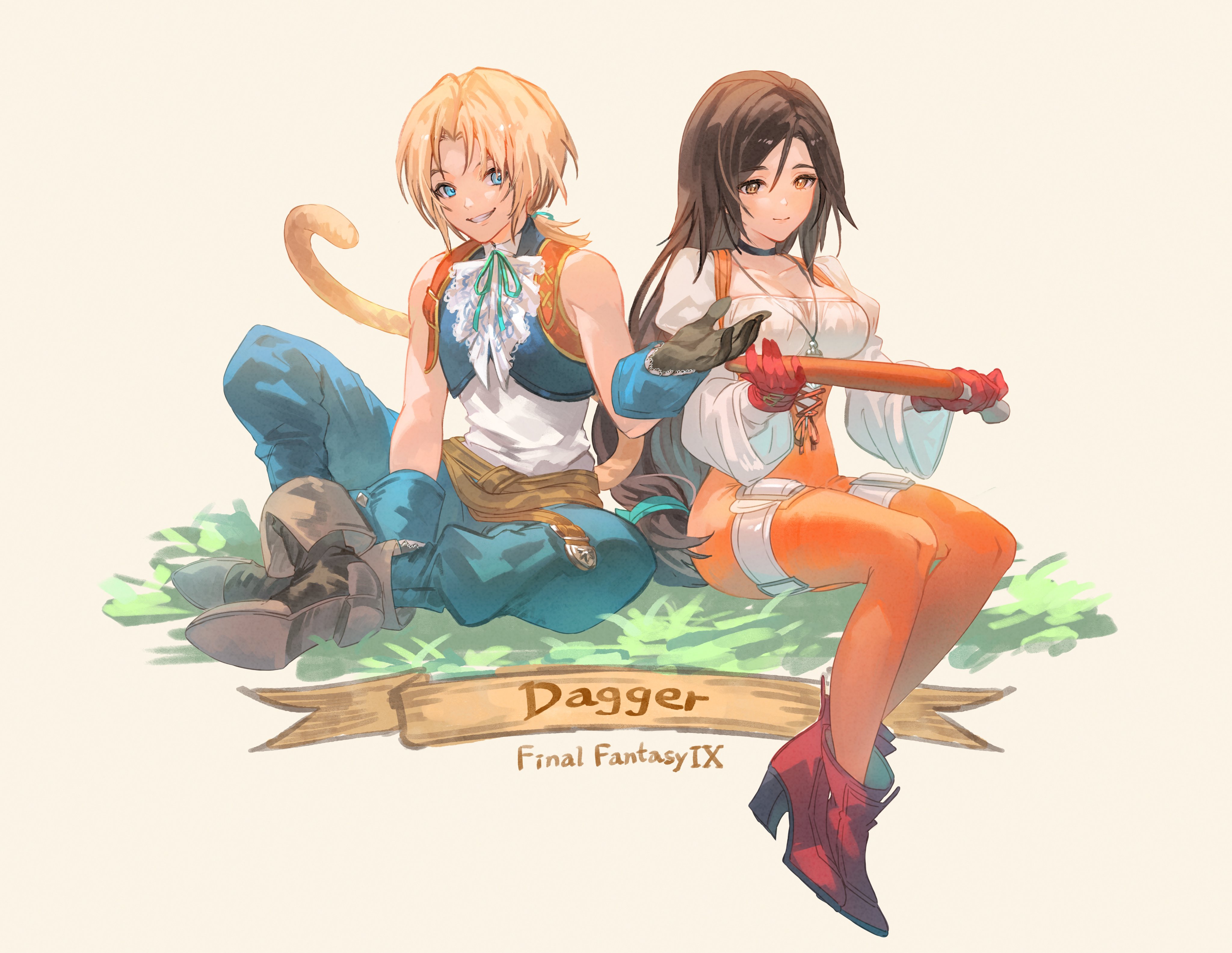 1boy 1girl absurdres belt black_gloves blonde_hair blue_eyes blue_vest blue_wrist_cuffs bodysuit boots breasts brown_eyes brown_hair choker cropped_vest crossed_ankles final_fantasy final_fantasy_ix garnet_til_alexandros_xvii gloves highres jewelry long_hair long_sleeves low-tied_long_hair low_ponytail medium_breasts monkey_tail on_grass orange_bodysuit pants pendant ponytail puffy_sleeves red_gloves rino_(selva_1in0) shirt short_hair sitting smile tail thigh_belt thigh_strap vest wrist_cuffs zidane_tribal