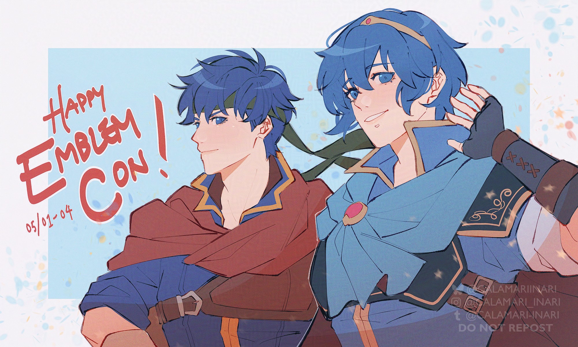 2boys aimaru blue_eyes blue_hair bluesky_username cape commentary english_commentary fire_emblem fire_emblem:_mystery_of_the_emblem fire_emblem:_path_of_radiance headband highres ike_(fire_emblem) instagram_username male_focus marth_(fire_emblem) multiple_boys nintendo short_hair smile tiara tumblr_username upper_body watermark