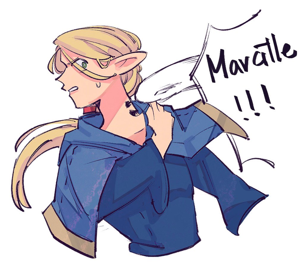 ! !! 1girl basilisk bite_mark biting blonde_hair blue_capelet blue_robe capelet choker dohwa110 dungeon_meshi elf green_eyes long_hair marcille_donato pointy_ears red_choker robe snake solo speech_bubble sweatdrop