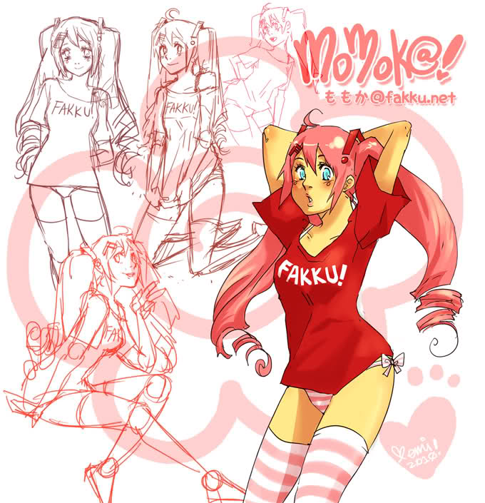 1girl ahoge arms_behind_head arms_up blue_eyes reference_sheet clothes_writing drill_hair emily_hu fakku female_focus long_hair momoka_(fakku) no_pants off_shoulder panties pantyshot pink_hair pink_theme shirt side-tie_panties sketch solo standing striped_clothes striped_panties striped_thighhighs t-shirt thighhighs twin_drills twintails underwear