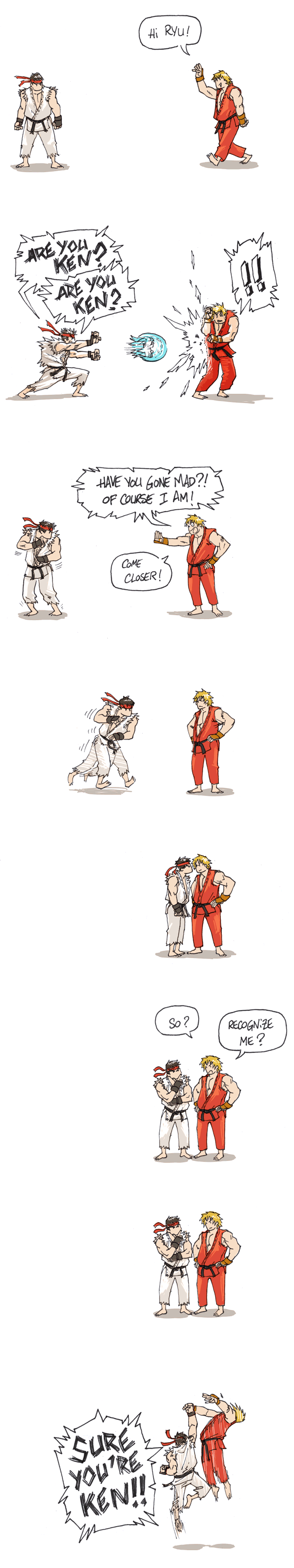 2boys absurdres capcom comic dougi english_text game hadouken highres karate karate_gi ken_masters long_image male_focus multiple_boys pun ryu_(street_fighter) sequential shouryuuken simple_background street_fighter tall_image uppercut