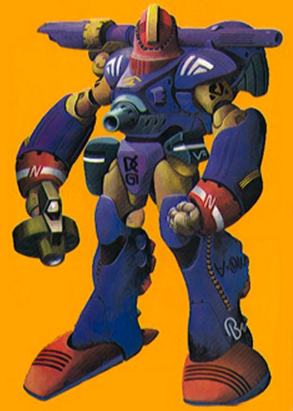 1980s_(style) alien armor battle choujikuu_yousai_macross flemenmik formal_clothes gun macross mecha miyatake_kazutaka no_humans non-web_source nousjadeul-ger oldschool power_armor power_suit production_art promotional_art retro_artstyle robot scan science_fiction simple_background solo traditional_media translated weapon zentradi