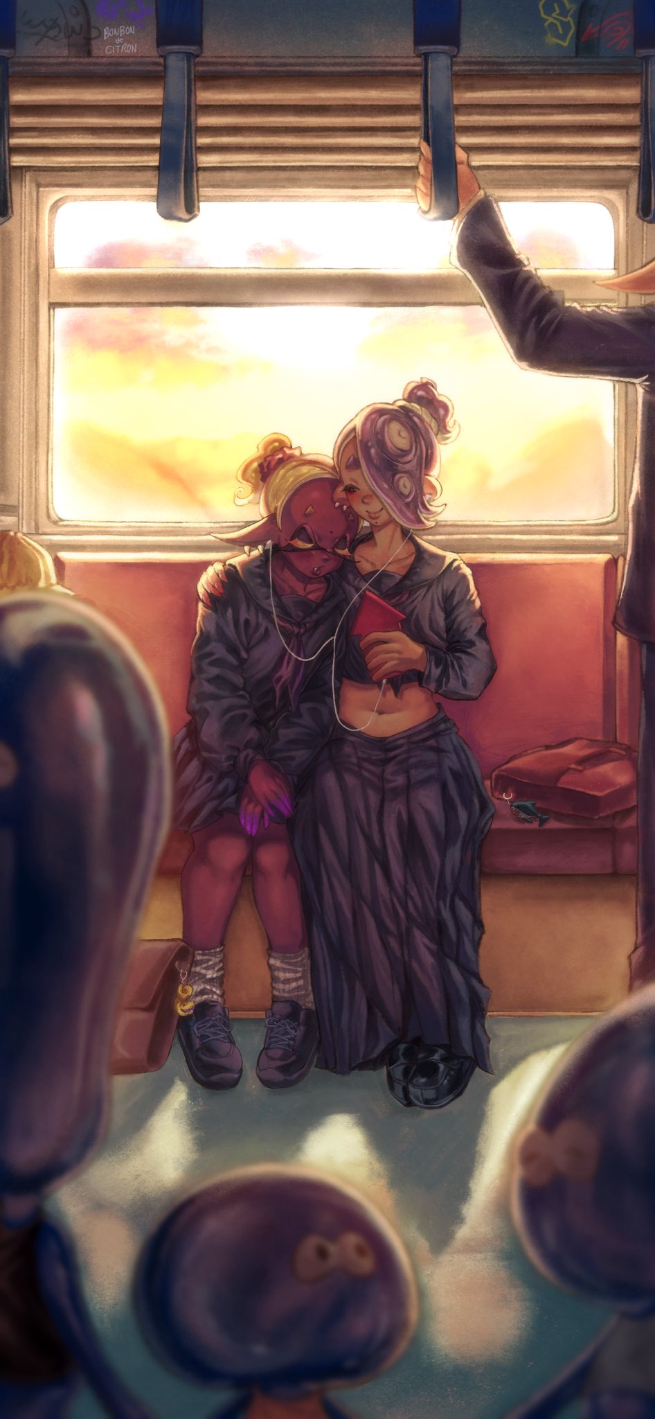 2girls artist_name black_footwear black_sailor_collar black_shirt black_skirt blonde_hair blue_hair bonbondecitron closed_eyes commentary dark-skinned_female dark_skin domino_mask earrings english_commentary english_text frye_(splatoon) frye_(young)_(splatoon) highres jewelry long_skirt long_sleeves mask midriff mole mole_under_mouth multiple_girls navel nintendo pointy_ears red_bag sailor_collar school_uniform shirt shiver_(splatoon) shiver_(young)_(splatoon) shoes skirt smile splatoon_(series) splatoon_3 tentacle_hair tooth_earrings train_interior wide_shot
