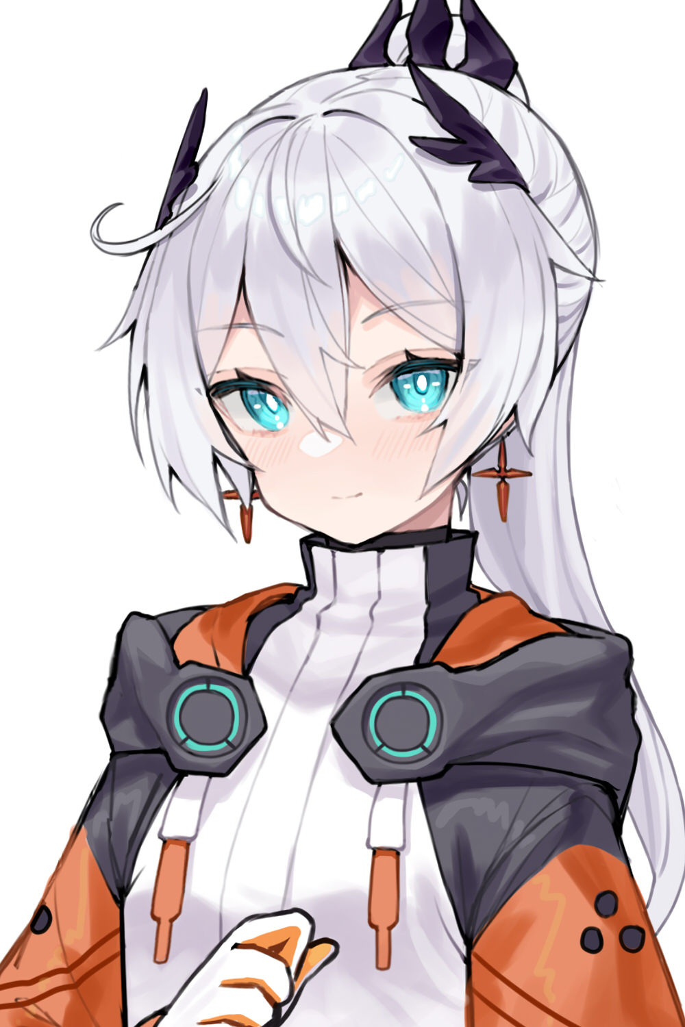 1girl ahoge blue_eyes closed_mouth earrings hair_ornament highres honkai_(series) honkai_impact_3rd jacket jewelry kiana_kaslana kiana_kaslana_(herrscher_of_flamescion) kiana_kaslana_(white_comet) long_hair long_sleeves looking_at_viewer ponytail scarlet23i0 simple_background smile solo upper_body white_background white_hair white_jacket