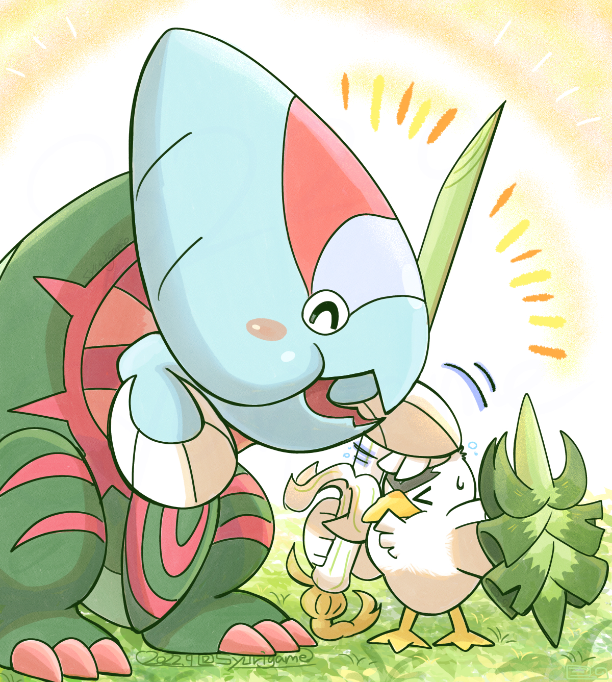 &gt;_&lt; blush_stickers closed_eyes dated dracovish food gen_8_pokemon highres holding holding_food holding_vegetable nintendo no_humans petting pokemon pokemon_(creature) shuri_(syurigame) signature sirfetch&#039;d spring_onion sweatdrop vegetable