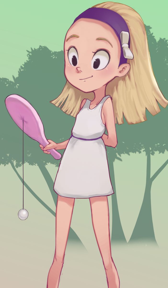 1girl arm_behind_head ball black_eyes blonde_hair blush bow collarbone conoghi disney dress green_background hair_bow hairband holding holding_paddleball long_hair marsupilami paddleball plum_devort sleeveless sleeveless_dress smile standing tree white_bow white_dress