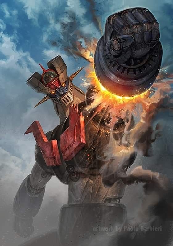 aiming aiming_at_viewer battle canopy cloud fire firing firing_at_viewer looking_at_viewer machinery mazinger_(series) mazinger_z mazinger_z:_infinity mazinger_z_(mecha) mecha paolo_barbieri pilder realistic redesign robot rocket_punch science_fiction smoke solo source_request super_robot thrusters