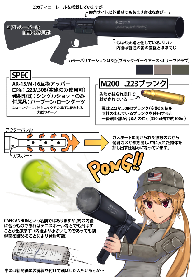 .223_remington 1girl american_flag ammunition ammunition_focus ammunition_name ammunition_profile ar-15 armalite assault_rifle ball blank_cartridge blonde_hair bullet can_cannon carbine_cartridge chart colt&#039;s_manufacturing_company cross-section diagram dreadtie engineering_drawing gun hat information_sheet interior intermediate_cartridge japanese_text jessica_jefferson long_gun m16 m200_blank military military_uniform newspaper original red_eyes remington_arms rifle rifle_cartridge schematic science soda_can_launcher supersonic_ammunition suppressor suppressor_focus suppressor_name suppressor_profile tennis_ball text_focus translation_request weapon weapon_focus weapon_name weapon_profile weird_guns_of_the_world x-ray x_products