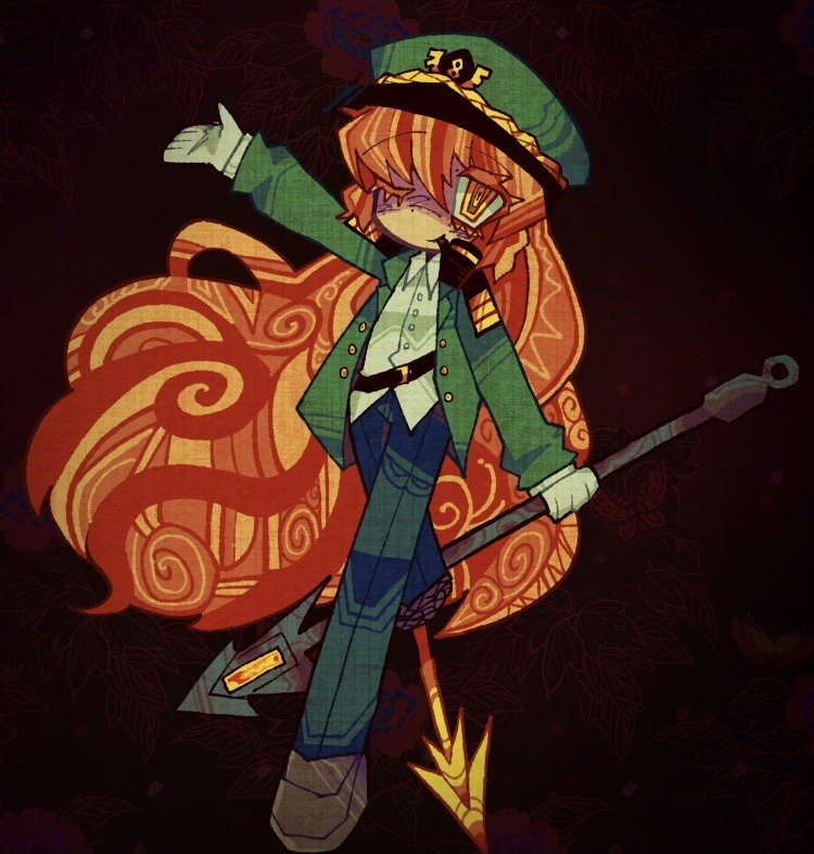 1girl belt_around_waist black_pants brown_shoes buttons chibi chocolateplushy collared_shirt freckles full_body gloves green_hat green_jacket hat holding_harpoon ishmael_(project_moon) jacket lapels limbus_company long_hair long_sleeves one_eye_closed open_clothes open_jacket orange_eyes orange_hair pants peaked_cap peg_leg pequod_(identity)_(project_moon) project_moon red_background rope shirt shoes smoking_pipe solo style_request very_long_hair white_gloves white_shirt