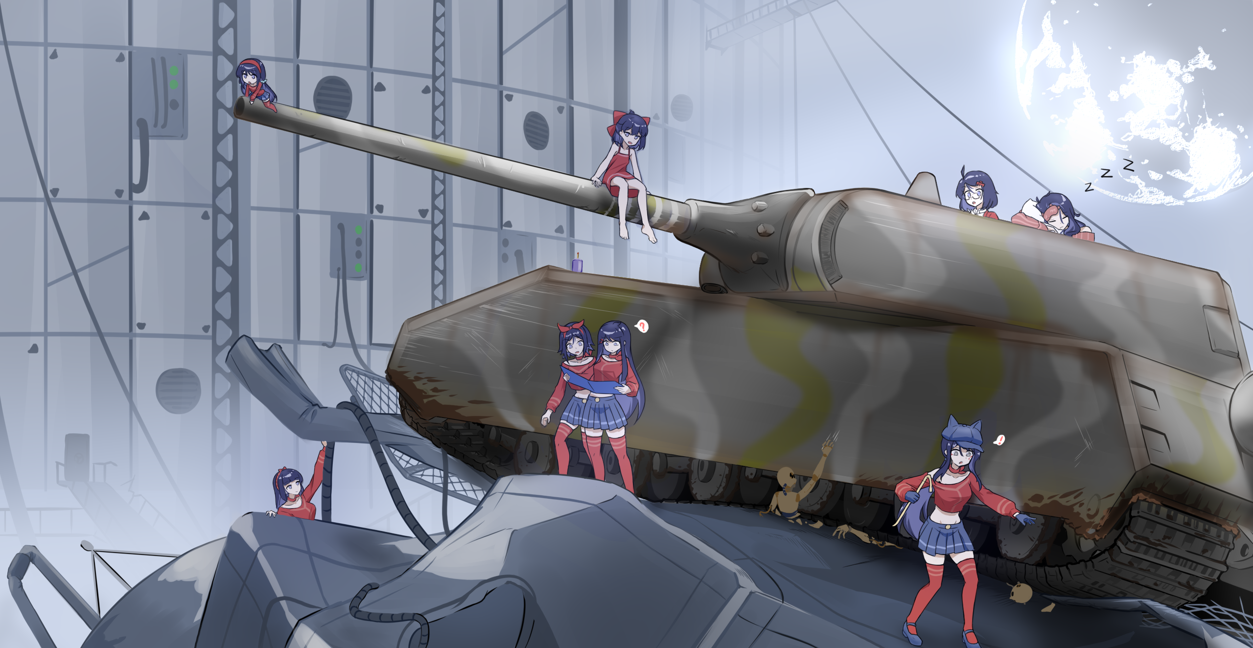 ! 6+girls ? animal_ear_headwear animal_ears blue_hat blue_skirt bow bow_hairband cabbie_hat chibi_mita_(miside) claw_hair_clip commentary_request cool_mita_(miside) cropped_shirt crowbar diguo_keran_wu dress dummy_mita_(miside) fake_animal_ears glasses hair_bow hairband hat highres holding holding_crowbar holding_map kind_mita_(miside) long_hair long_sleeves map mask mask_on_head maus_(tank) mila_(miside) military_vehicle miside mita_(miside) moon motor_vehicle multiple_girls on_tank pleated_skirt red_bow red_dress red_hairband red_shirt red_thighhighs shirt short-haired_mita_(miside) short_hair sitting skirt sleep_mask sleeping sleepy_mita_(miside) sleeveless sleeveless_dress spoken_exclamation_mark spoken_question_mark tank tank_turret thighhighs tiny_mita_(miside) wandering_mita_(miside) zzz