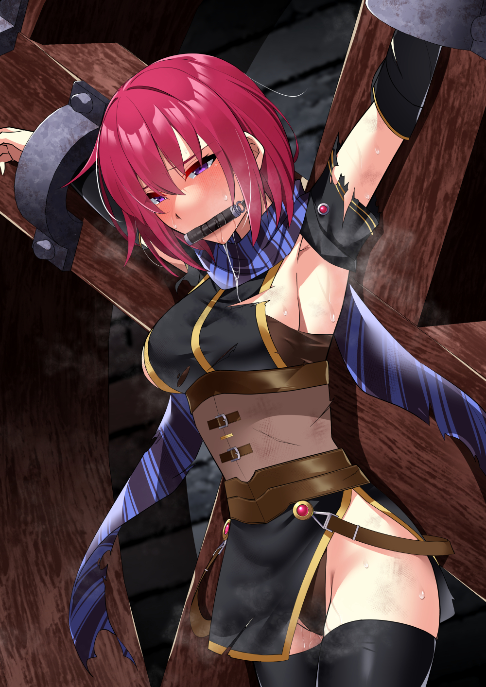 1girl armpits arms_up bdsm bit_gag black_thighhighs bondage bound breasts commission defeat gag highres medium_breasts mizuno_asami nel_zelpher purple_eyes red_hair restrained scarf short_hair skeb_commission solo st._andrew&#039;s_cross star_ocean striped_clothes striped_scarf sweat thighhighs torn_clothes