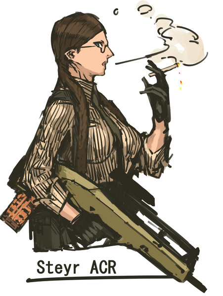 1girl advanced_combat_rifle_(military_program) advanced_individual_weapon_system_(military_program) advanced_infantry_weapon_system_(military_program) ammunition_pouch assault_rifle belt belt_pouch birdcage_flash_hider black_gloves braid breasts brown_hair bullpup burst_fire_gun burst_fire_rifle cigarette double-stack_magazine double-stack_single-feed_magazine female_focus glasses glasses_girl_(nameo) gloves gradient_background gun hair_over_shoulder holding holding_gun holding_weapon large_breasts lightning_holes long_gun long_hair long_sleeves looking_at_viewer magazine_(weapon) military military_program muzzle_device nameo_(judgemasterkou) necktie needlegun original parted_bangs poorly_drawn pouch prototype prototype_design rifle scope semi-rimless_eyewear shirt sight_(weapon) simple_background single-feed_magazine smoke smoking solo standing steyr_acr steyr_arms suspenders telescopic_sight trigger_discipline twin_braids under-rim_eyewear utility_belt weapon white_background