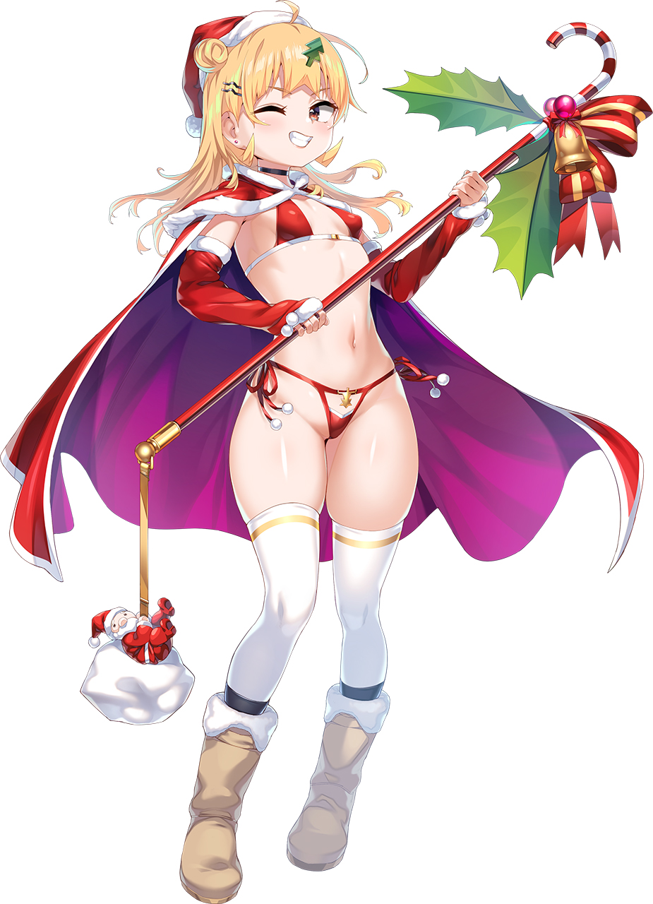 1girl atte_nanakusa bikini black_choker blonde_hair boots breasts cane cape choker choukou_(alicesoft) choukou_taisen_escalation_heroines christmas_tree_hair_ornament detached_sleeves double_bun earrings full_body grin hair_bun hair_ornament hairclip haruhina_urara hat highres holding holding_cane jewelry long_hair looking_at_viewer navel non-web_source official_art one_eye_closed red_bikini santa_hat simple_background small_breasts smile solo stud_earrings swimsuit thighhighs white_background white_thighhighs