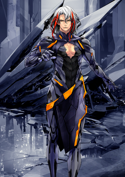 1boy aigis_(fate) armored_bodysuit black_bodysuit black_hair bodysuit cleavage_cutout closed_mouth clothing_cutout fate/grand_order fate_(series) feet_out_of_frame game_cg gradient_hair grey_background grey_hair hair_between_eyes hand_up high_collar looking_at_viewer male_focus medium_hair multicolored_hair odysseus_(fate) official_art pectorals purple_bodysuit red_streaks redjuice solo standing streaked_hair third-party_source variant_set white_hair yellow_eyes