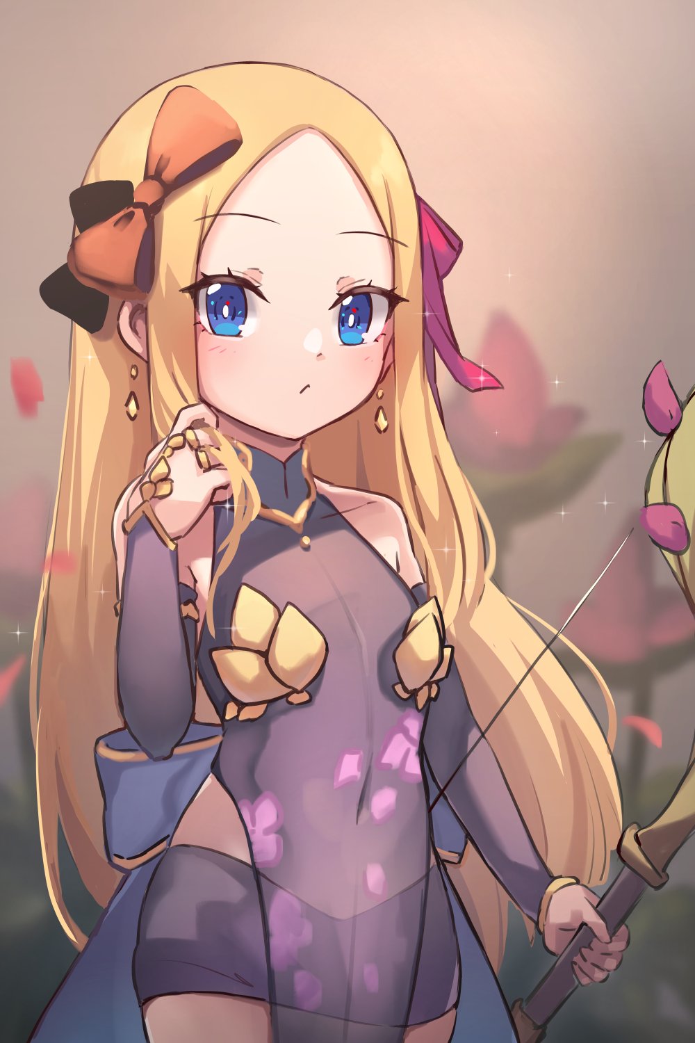 1girl abigail_williams_(fate) armlet armor bikini_armor black_bow blonde_hair blue_eyes blush bow breasts collar cosplay dress earrings fate/grand_order fate_(series) forehead hair_ribbon highres jewelry kama_(fate) kama_(fate)_(cosplay) kama_(first_ascension)_(fate) long_hair looking_at_viewer metal_collar miya_(miyaruta) multiple_bows orange_bow parted_bangs pink_ribbon purple_dress purple_sleeves ribbon smile