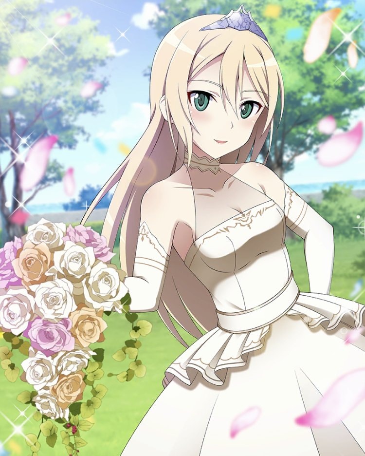 1girl blonde_hair blurry blurry_background bouquet breasts dress flower green_eyes happy heinrike_prinzessin_zu_sayn-wittgenstein holding holding_bouquet long_hair looking_at_viewer medium_breasts nature noble_witches non-web_source outdoors petals standing tree wedding_dress world_witches_series