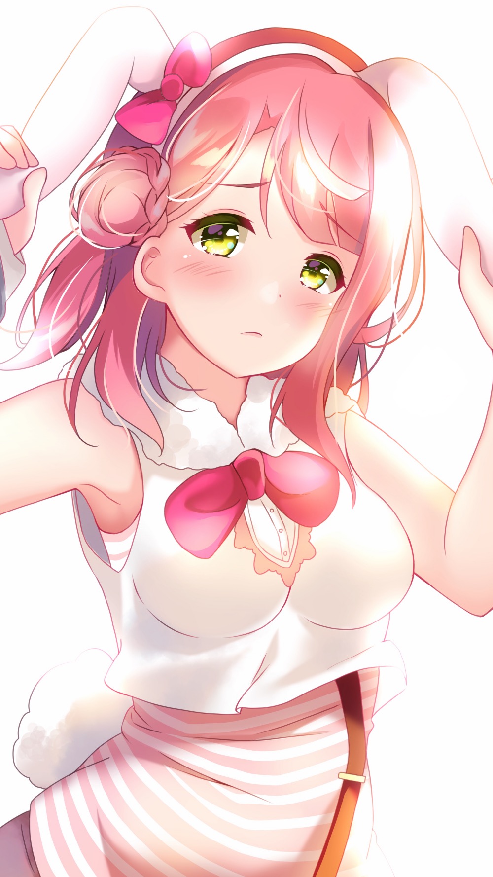 1girl animal_ears animal_print arm_warmers artist_name artist_request bare_shoulders blush bow bowtie braid braided_bun breasts buttons close-up cowboy_shot crescent_moon crescent_moon_symbol cropped_vest detached_sleeves exciting_animal_(love_live!) fake_animal_ears female_focus fur_trim green_eyes hair_bow hair_bun hairband highres hood hooded_vest hoodie looking_at_viewer love_live! love_live!_nijigasaki_high_school_idol_club love_live!_school_idol_festival love_live!_school_idol_festival_all_stars medium_breasts moon orange_hair parted_lips pink_bow pink_shirt rabbit_ears rabbit_print rabbit_tail red_bow red_hair shirt short_hair side_bun single_detached_sleeve single_side_bun sleeveless sleeveless_hoodie solo striped_clothes striped_shirt suspenders tail uehara_ayumu upper_body vest white_background white_hairband white_hoodie white_vest worried yellow_eyes