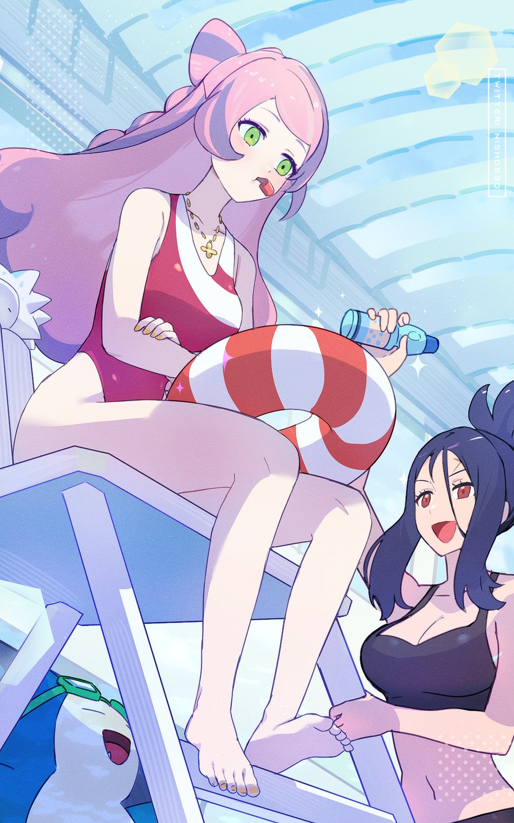 2girls bikini black_bikini black_hair breasts dendra_(pokemon) drink gen_1_pokemon gen_8_pokemon green_eyes highres hsin jewelry large_breasts lifebuoy light_purple_hair long_hair medium_breasts miriam_(pokemon) multicolored_hair multiple_girls navel nintendo one-piece_swimsuit pokemon pokemon_sv purple_hair red_bikini red_eyes smile snom snorlax stomach streaked_hair swept_bangs swim_ring swimsuit two-tone_swimsuit whistle