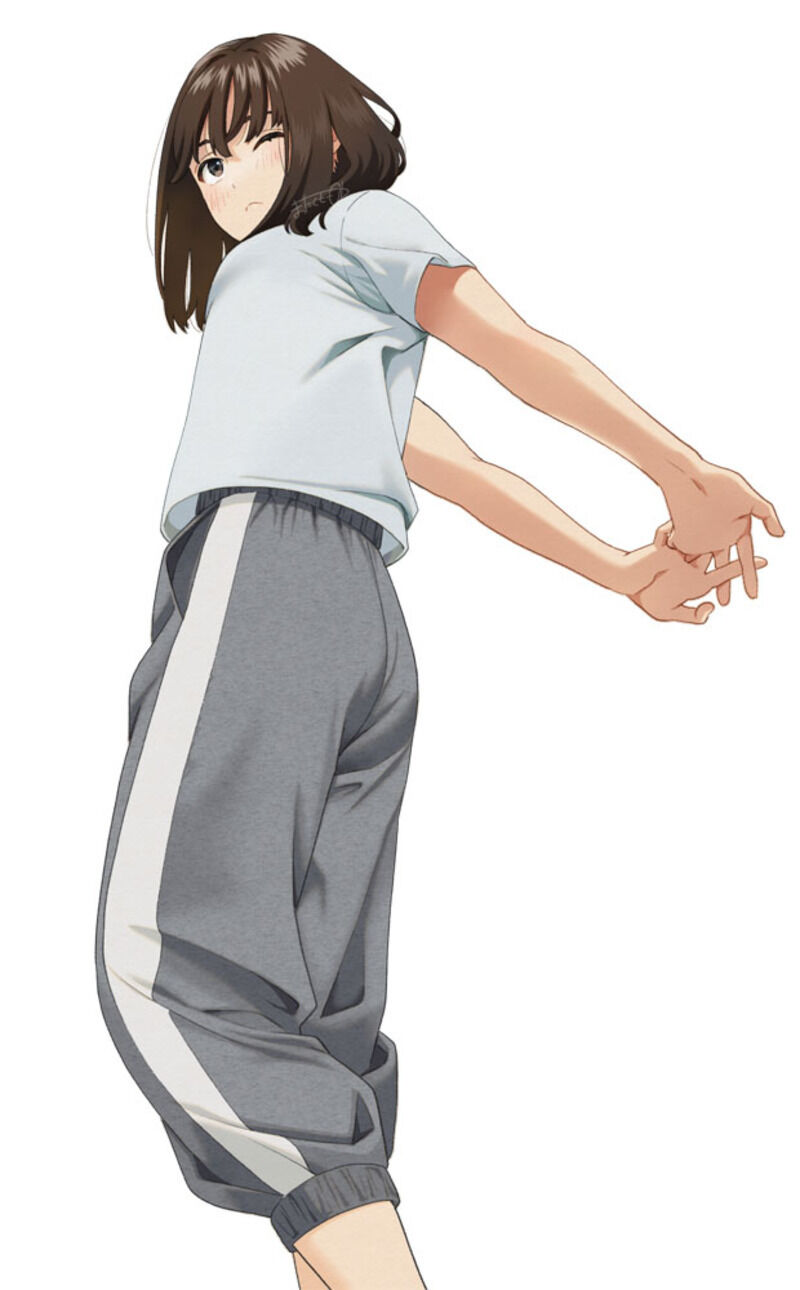 1girl arms_behind_back breasts brown_eyes brown_hair commentary feet_out_of_frame grey_pants highres mattaku_mousuke medium_hair one_eye_closed original pants shirt short_sleeves simple_background small_breasts solo stretching track_pants white_background white_shirt