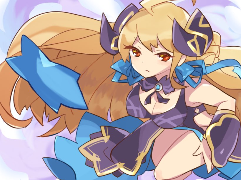 ahoge alternate_costume alternate_eye_color alto_realize aura bare_legs bare_shoulders blonde_hair breasts choker cleavage corrupted corruption cygames dark_persona dragalia_lost hair_ribbon legs looking_at_viewer morsayati nintendo possessed possession red_eyes ribbon zethia