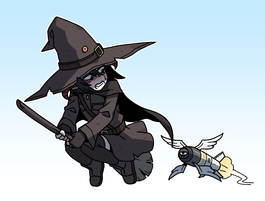 1girl belt black_hair broom broom_riding brown_belt clenched_teeth commentary english_commentary flying full_body hat horns karepack large_hat long_hair long_sleeves looking_back military_uniform missile open_mouth original pointy_ears red_eyes sky solo teeth witch witch_hat