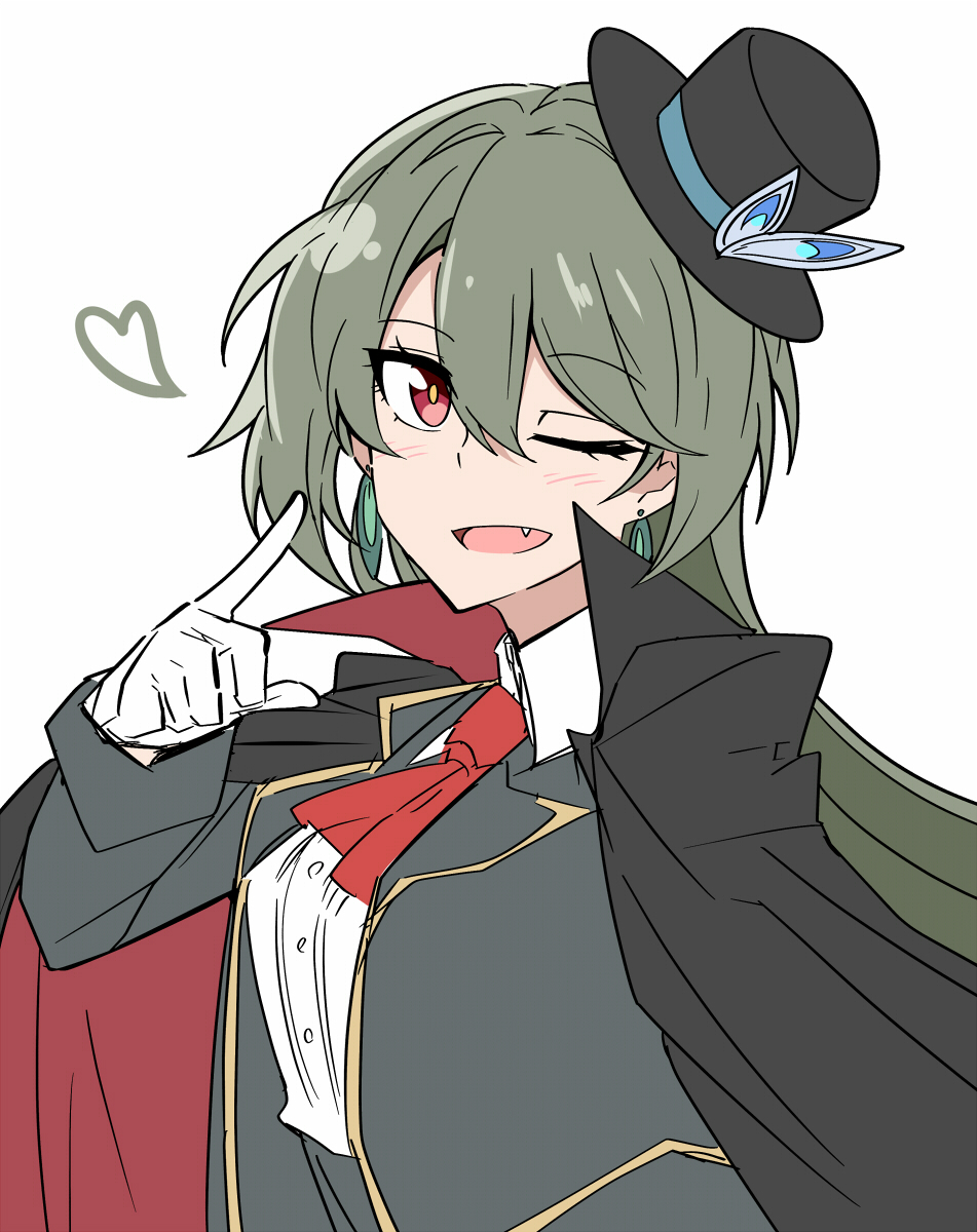 1girl ;d black_cape black_hat cape collared_shirt commentary_request earrings gloves grey_hair grey_jacket grey_skirt hair_between_eyes hand_up hat heart high-waist_skirt highres honkai_(series) honkai_impact_3rd jacket jewelry long_hair long_sleeves looking_at_viewer nabeiro_kin one_eye_closed open_clothes open_jacket open_mouth red_eyes shirt simple_background skirt smile solo tilted_headwear upper_body very_long_hair vita_(honkai_impact) white_background white_gloves white_shirt