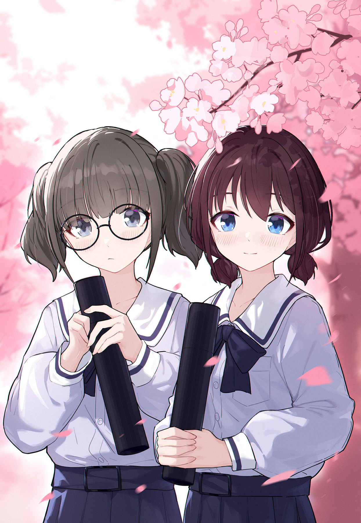 2girls black_neckerchief black_skirt blue_eyes blush cherry_blossoms chinese_commentary closed_mouth commentary_request day falling_petals flower girls_band_cry graduation grey_eyes grey_hair grey_shirt highres hina_(girls_band_cry) holding_tube iseri_nina long_sleeves looking_at_viewer multiple_girls neckerchief outdoors petals pink_flower red_hair sailor_collar shirt short_twintails skirt smile twintails upper_body white_sailor_collar yun_cao_bing