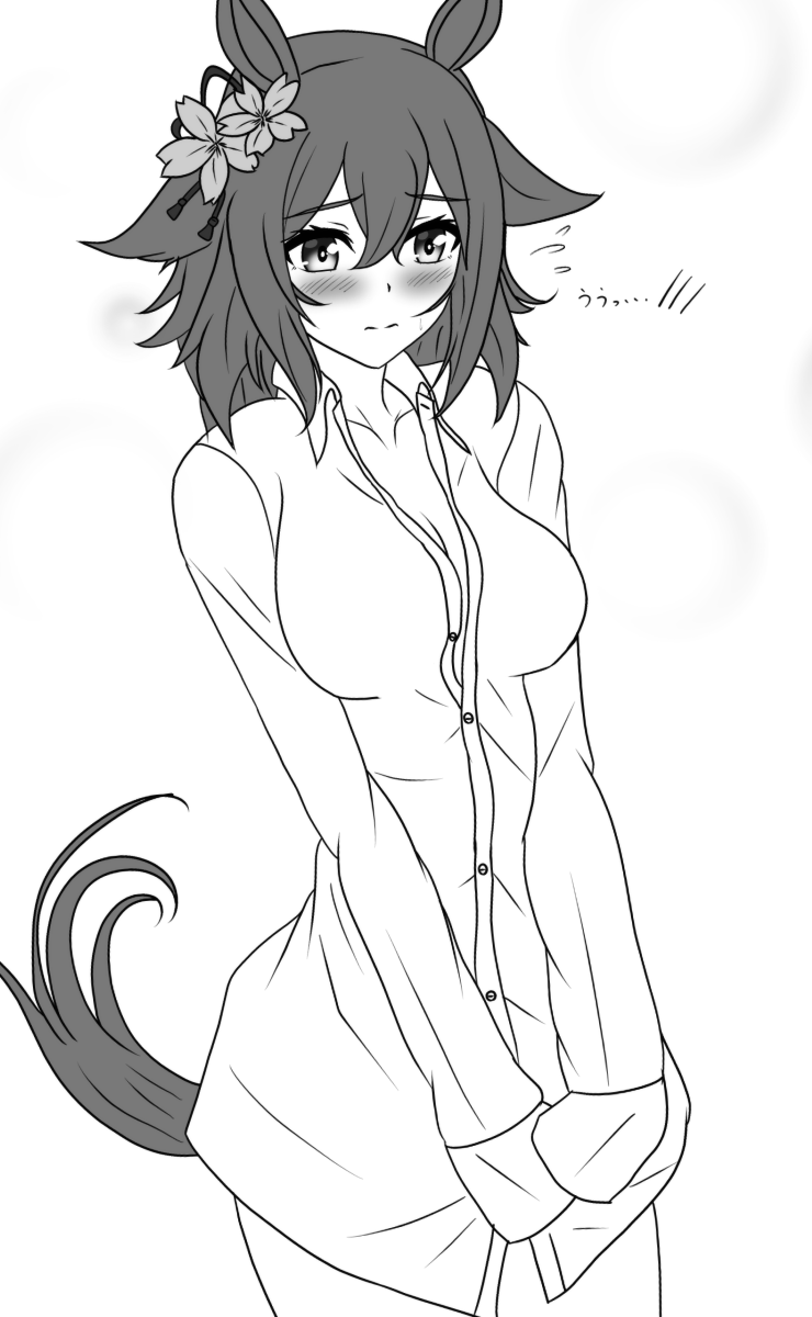 1girl animal_ears blush borrowed_clothes breasts cleavage closed_mouth collarbone flower hair_between_eyes hair_flaps hair_flower hair_ornament highres horse_ears horse_tail looking_at_viewer medium_breasts medium_hair pokapoka-sun sakura_chiyono_o_(umamusume) shirt simple_background solo sweatdrop tail umamusume white_background