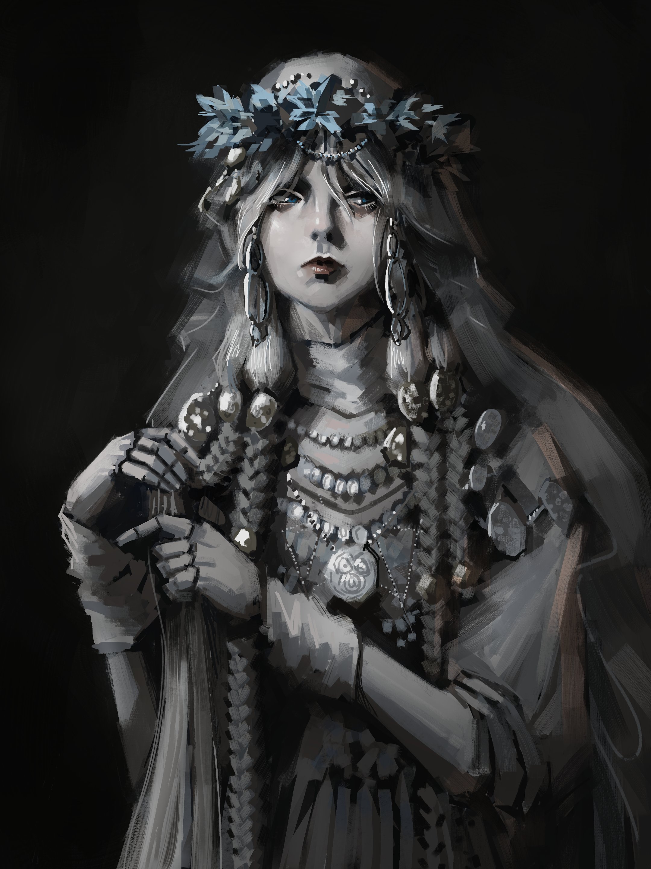 1girl absurdres asianfissureman black_background blue_eyes closed_mouth commentary doll_joints dress elden_ring elden_ring_nightreign english_commentary grey_dress grey_hair head_wreath highres jewelry joints lips long_hair red_lips revenant_(elden_ring) simple_background solo veil