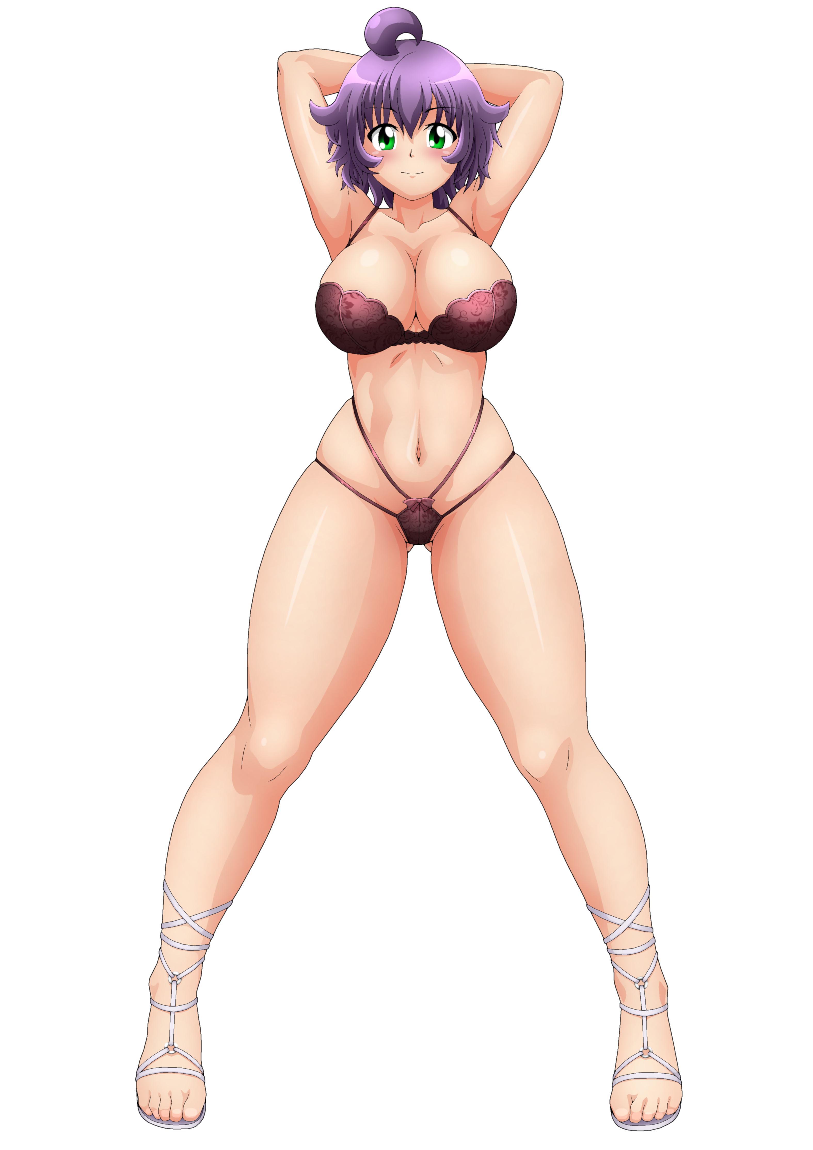1girl absurdres armpits arms_behind_head bra breasts cleavage feet green_eyes high_heels highres large_breasts legs looking_at_viewer navel original purple_hair short_hair smile solo thick_thighs thighs thong underwear yukino_akaihi yukino_memories zel-sama