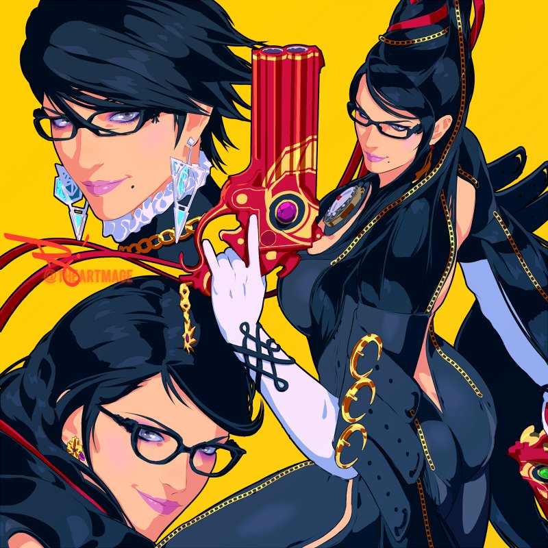 1girl 3girls alternate_costume alternate_hairstyle bayonetta bayonetta_(series) bayonetta_3 bodysuit breasts earrings glasses gun holding holding_gun holding_weapon jewelry large_breasts lipstick long_hair looking_at_viewer makeup mature_female mole mole_under_mouth multiple_girls multiple_persona short_hair signature simple_background smile standing the_art_mage twitter_username weapon yellow_background