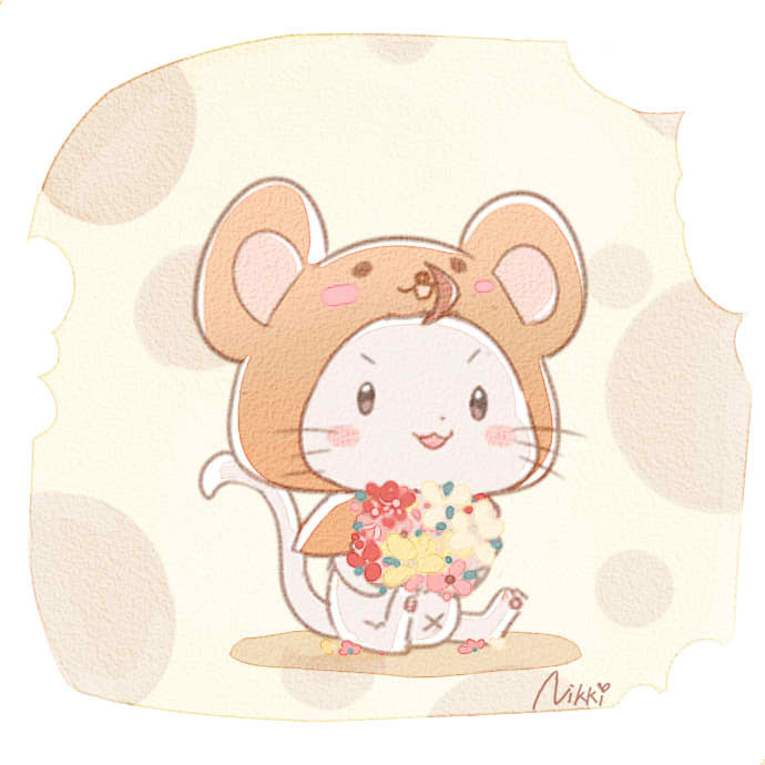 animal animal_ears animal_focus animal_hood artist_request blush_stickers border bouquet brown_eyes cat chinese_commentary chinese_zodiac clothed_animal commentary_request copyright_name detached_hood dot_nose flower food-themed_background holding holding_bouquet hood hood_up looking_at_viewer momo_(nikki) mouse_ears mouse_hood nikki_(series) no_humans official_art open_mouth petals pink_flower red_flower second-party_source shining_nikki sitting smile solo v-shaped_eyebrows whiskers white_border white_cat white_flower year_of_the_rat yellow_background yellow_flower yellow_hood