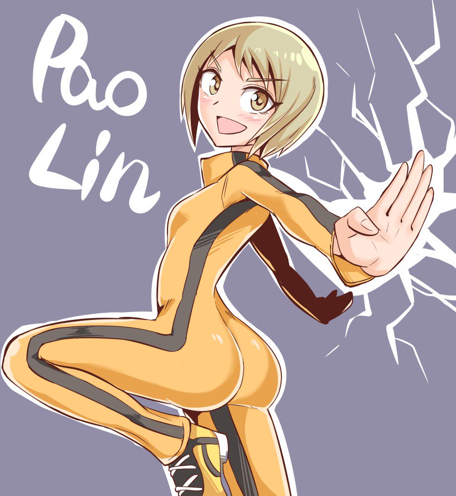 1girl ass blush bodysuit breasts brown_eyes bruce_lee&#039;s_jumpsuit cougar_(cougar1404) female_focus from_behind huang_pao-lin looking_at_viewer open_mouth shiny_clothes shoes short_hair sideboob small_breasts smile sneakers solo tiger_&amp;_bunny