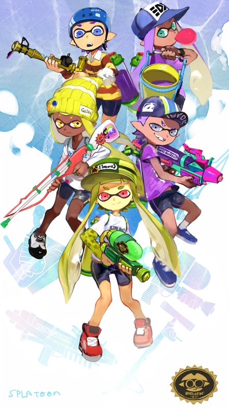 2boys 3girls aqua_eyes bamboozler_14_(splatoon) baseball_cap beanie bike_shorts black_shorts blonde_hair blowing_bubble_gum blowing_bubbles blue_eyes blue_hat blue_helmet blue_shoes bracelet brown_sweater chewing_gum closed_mouth collared_shirt commentary_request dark-skinned_female dark-skinned_male dark_skin fang full_body green_hat grey_eyes grin hat helmet high_tops holding holding_weapon ink_tank_(splatoon) inkling inkling_boy inkling_girl inkling_player_character jewelry layered_sleeves long_hair long_sleeves looking_at_viewer multiple_boys multiple_girls nintendo open_mouth pointy_ears pom_pom_(clothes) pom_pom_beanie purple_hair purple_shirt red_eyes red_shoes shirt shoes short_hair short_over_long_sleeves short_sleeves shorts slosher_(splatoon) smile sneakers socks splatoon_(series) splatoon_1 splattershot_(splatoon) splattershot_pro_(splatoon) squiffer_(splatoon) striped_clothes striped_sweater sweater tentacle_hair toridamono two-tone_sweater weapon white_shirt white_socks yellow_eyes yellow_hat yellow_sweater