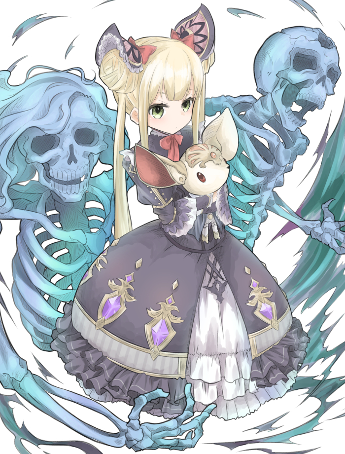 1boy 2girls blonde_hair doll double_bun dress frilled_dress frills green_eyes guruten11 hair_bun long_dress long_hair luna_(shadowverse) multiple_girls necromancer shadowverse skeleton twintails white_background