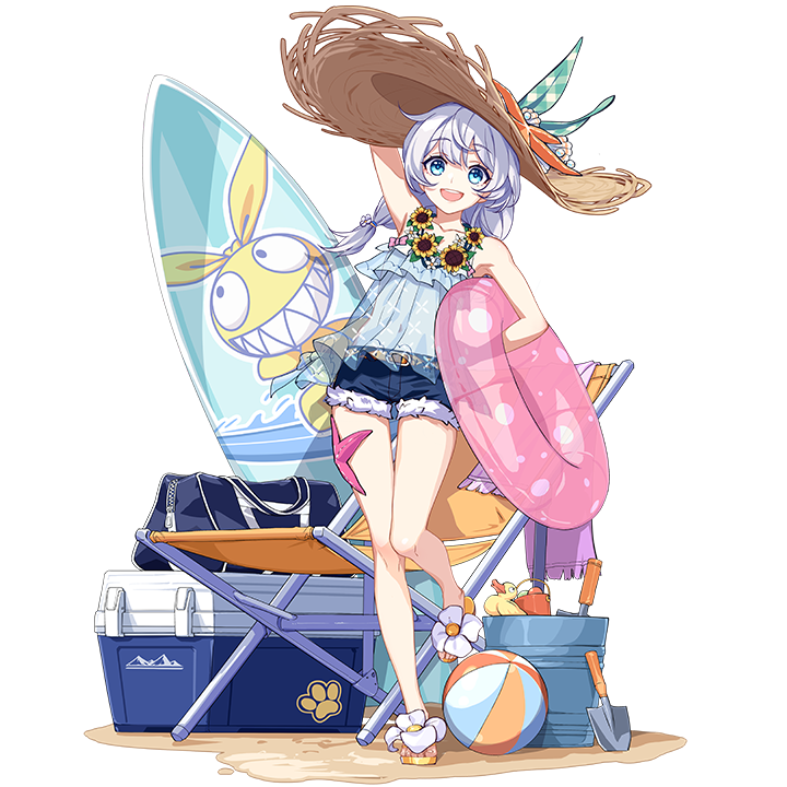 1girl ball beachball blue_eyes blue_shorts bucket full_body hat hat_ornament holding holding_swim_ring homu_(honkai_impact) honkai_(series) honkai_impact_3rd innertube long_hair official_art open_mouth rubber_duck sand sandals shorts solo starfish surfboard swim_ring theresa_apocalypse theresa_apocalypse_(shallow_sunset) theresa_apocalypse_(valkyrie_pledge) third-party_source transparent_background white_hair