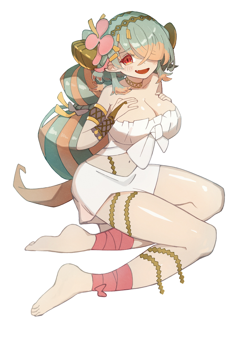 1girl ankle_ribbon bare_shoulders barefoot blush breasts cleavage collarbone duel_monster fang flower front-tie_top hand_on_own_chest ishii_(young-moon) large_breasts leg_ribbon long_hair looking_at_viewer midriff monster_girl multicolored_hair navel open_mouth pink_flower plant_girl red_eyes ribbon sarong solo strapless thighs traptrix_pinguicula tube_top two-tone_hair very_long_hair yu-gi-oh!