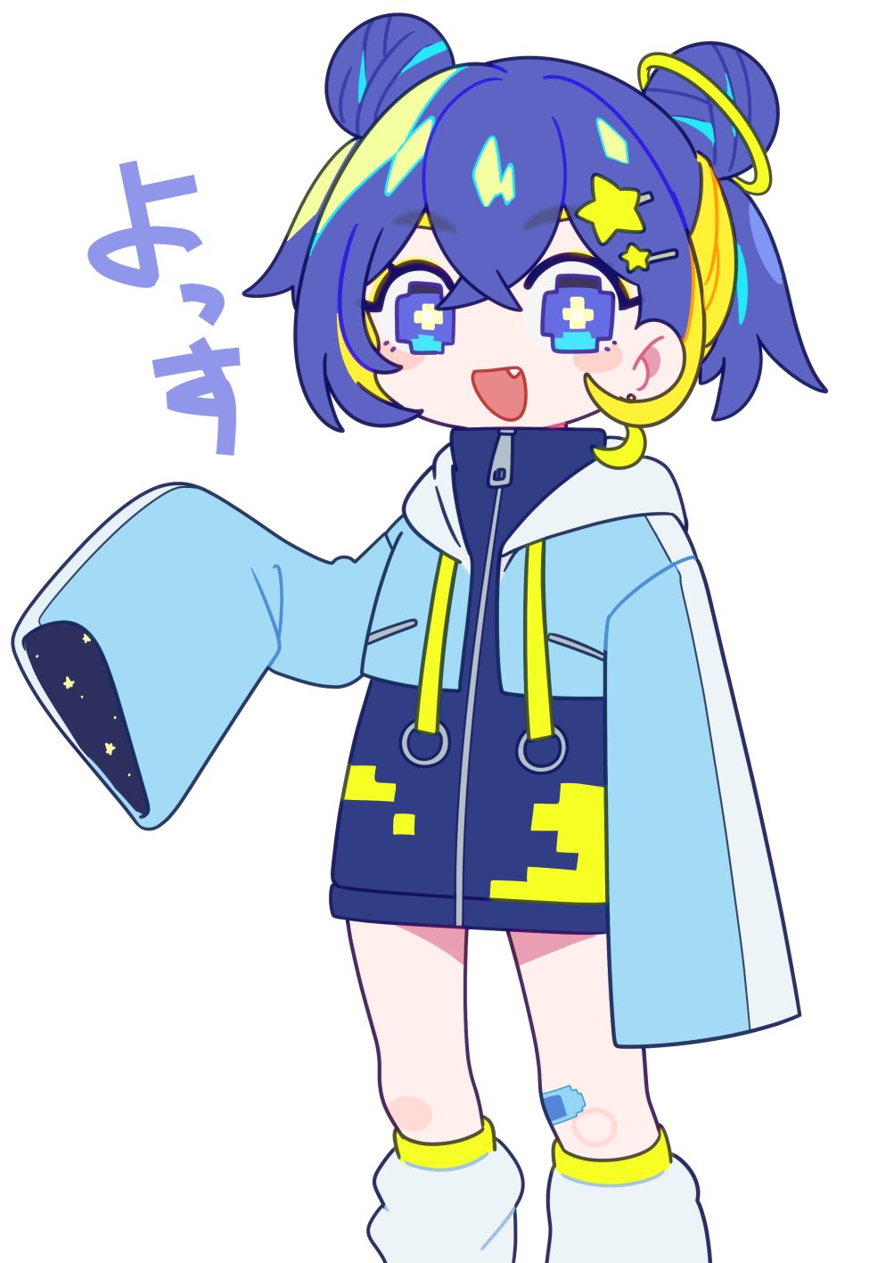 1girl :d aqua_jacket bandaid bandaid_on_knee bandaid_on_leg blonde_hair blue_eyes blue_hair blush blush_stickers double_bun fang hair_bun hair_ornament highres jacket multicolored_hair mzh open_clothes open_jacket open_mouth original pixel_eyes short_hair simple_background smile socks solo standing star_(symbol) star_hair_ornament two-tone_hair white_socks zipper