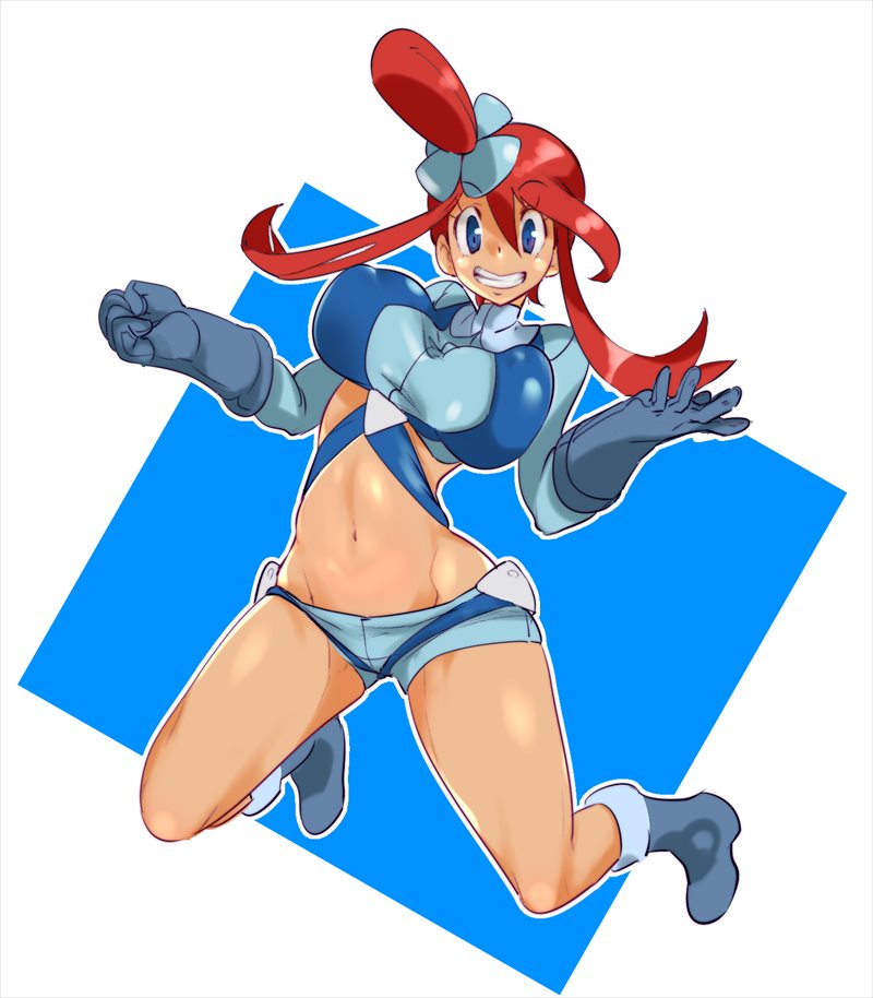 1girl bad_id bad_pixiv_id blue_eyes bouncing_breasts breasts female_focus full_body gloves gym_leader hair_ornament jumping large_breasts long_hair midriff navel nintendo pokemon pokemon_bw red_hair shoes simple_background skyla_(pokemon) smile solo zaitsu