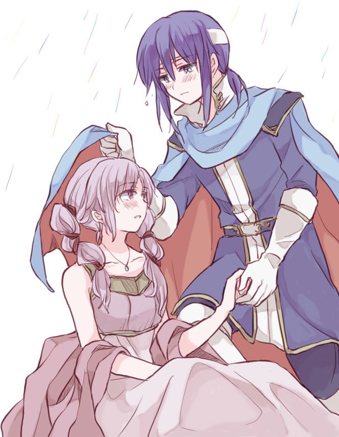 1boy 1girl blue_hair blush braid cape fire_emblem fire_emblem:_genealogy_of_the_holy_war gloves holding_hands headband hetero image_sample kitano_373 nintendo purple_hair rain seliph_(fire_emblem) sleeveless tine_(fire_emblem) twin_braids twintails water_drop